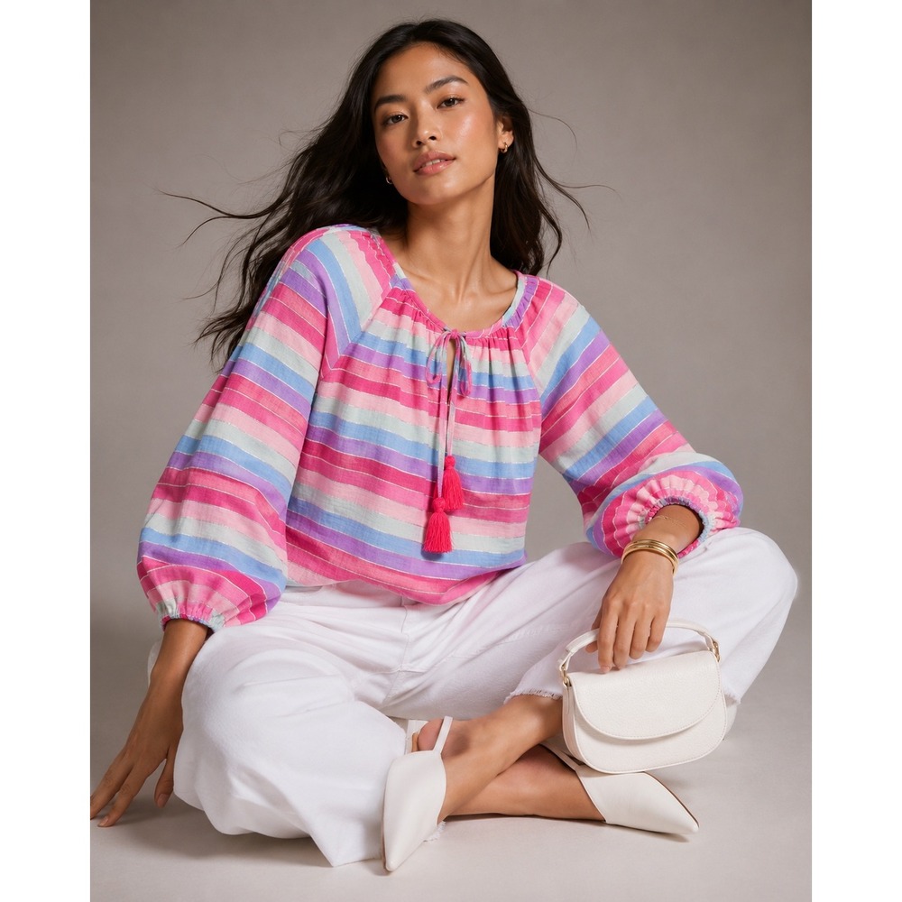 J.Crew Striped Peasant Top Pink Blue Metallic Tassel Blouse Small Vacation NEW